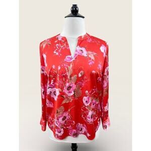 Talbots Red Floral Satin V Neck Blouse with Wide Cuffs, Size Lp